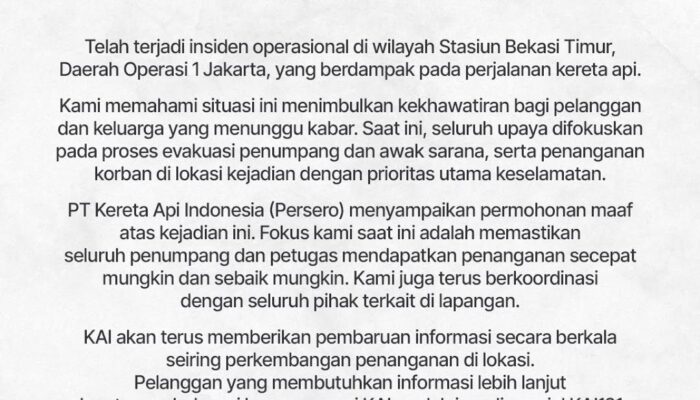 KAI Daop 7 Sampaikan Duka Mendalam atas Insiden di Stasiun Bekasi Timur