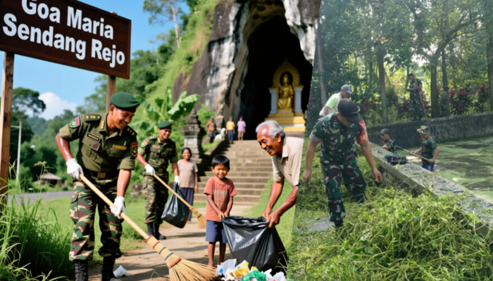 Wujudkan Lingkungan Asri, Babinsa Ngadirejo dan Warga Gelar Kerja Bakti di Goa Maria Sendang Rejo